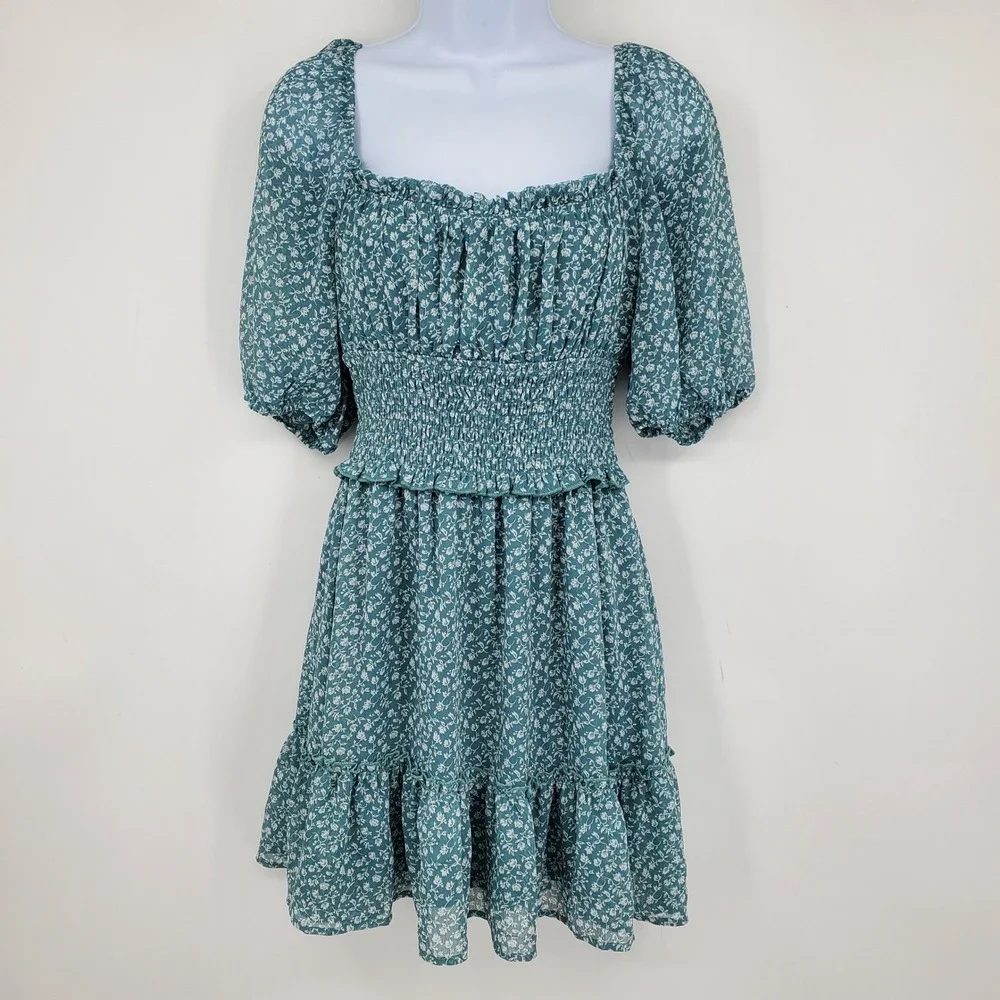 Trixxi Teal Floral Puff Sleeve Mini Dress